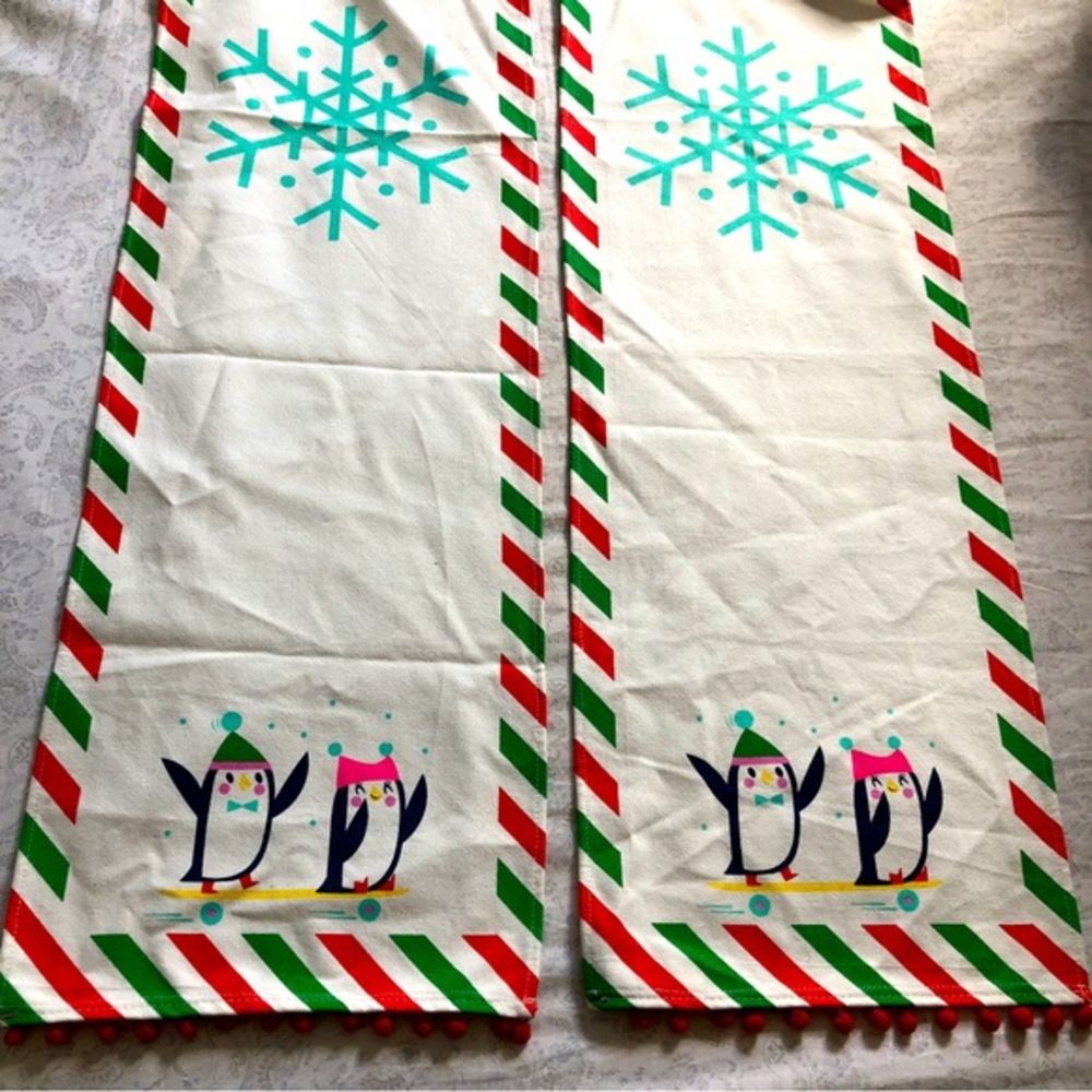Christmas Holiday Penguins Snowflakes Canvas table runners‎ set of 2